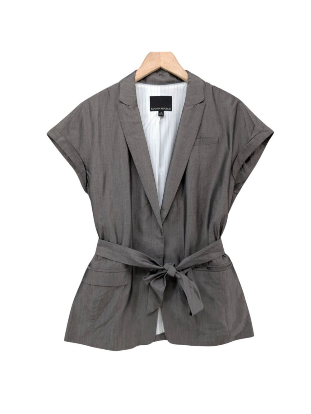 Banana Republic Tie Front Tuxedo Vest Jacket Womens Grey Silk Blend SS Size 4